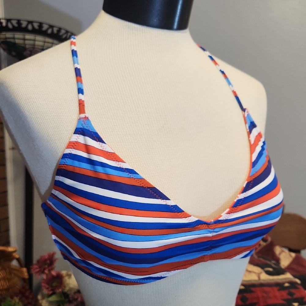 Volcom Blue and Red Striped Bikini Swim Top